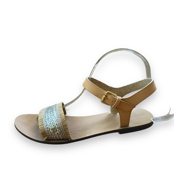 J Crew Factory Raffia Silver and Tan Woven Straw Fringe Sandals | Size 9 - Picture 10 of 13